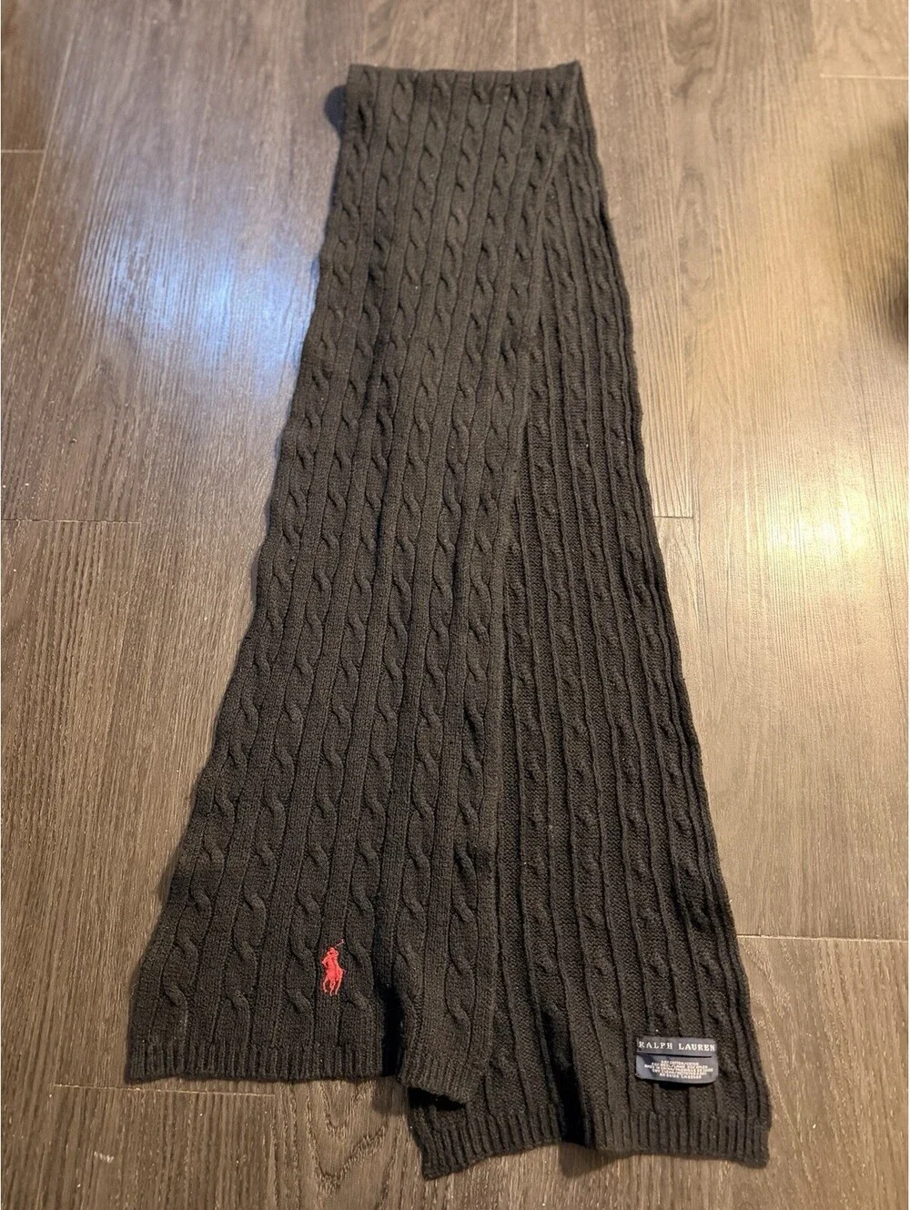 Polo Ralph Lauren Charcoal Grey Cable Knit Scarf Cotton Wool 72